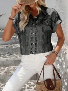 SHEIN LUNE Áo Sơ Mi Tay Ngắn Phía Trước In Nút, Mùa Hè - màu đen - Xem 5