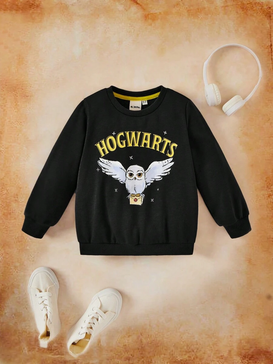 HARRY POTTER X SHEIN Young Girl Hathaway Cartoon Print Black Casual Long Sleeve Crew Neck Sweatshirt, Spring Autumn - Black - View 1