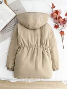 SHEIN 青少年女孩纯色加厚袋装连帽休闲棉服外套 - 卡其色 - 查看 4