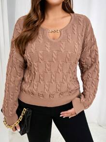 SHEIN Frenchy Suéter de manga larga con cuello de ojo de cerradura de tela texturizada para talla grande - Caqui - Ver 7