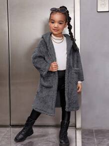SHEIN Leap Crew Young Girl Solid Color Hooded Long Sleeve Cardigan With Pockets - Grey - View 5