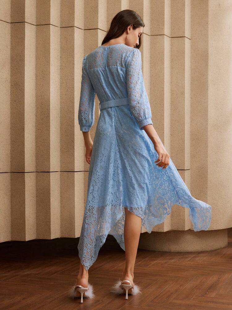 Women's Elegant Floral Lace Asymmetric Midi Dress, Crew Neck, Half Sleeve