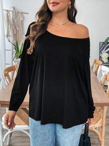 SHEIN Essnce Áo thun đen hở vai dài tay rộng rãi thoải mái mùa thu đông cỡ lớn cho nữ, Áo phông nữ, Trang phục, Trang phục mùa thu, Áo bất đối xứng - màu đen - Xem 7