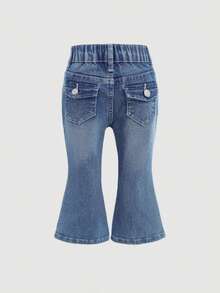 SHEIN Quần ống loe denim dễ thương cho bé gái có cạp chun, túi, quần jeans xanh co giãn cổ điển, quần áo thu đông cho bé gái - Rửa tối - Xem 2