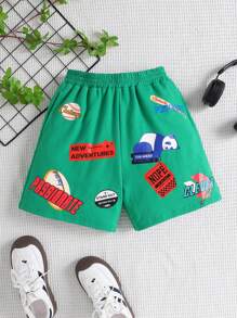 Tween Girls Loose Casual Simple Comfortable Mid-Waist Stamped Print Shorts - Green - View 1