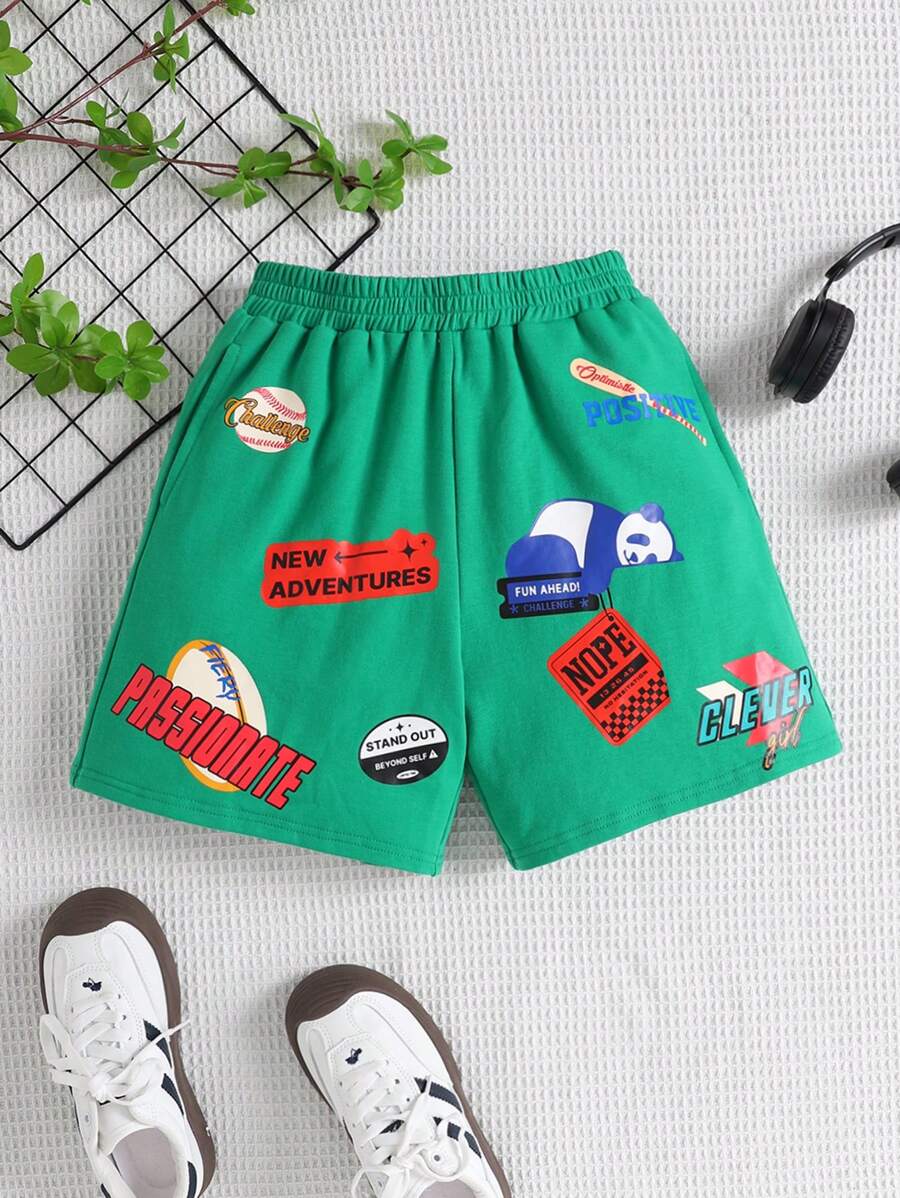 Tween Girls Loose Casual Simple Comfortable Mid-Waist Stamped Print Shorts - Green - View 1