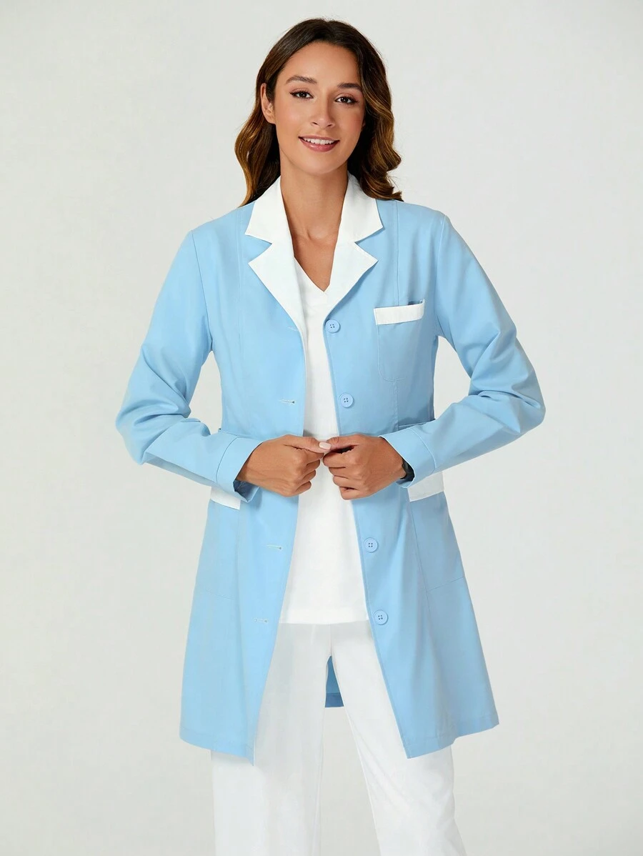 TaskEZ White Coat Long-Sleeved Female Doctor Uniform Nurse Uniform Short-Sleeved Winter Coat Uniform Pharmacy Uniform Surgical Gown - Blue and White - View 1