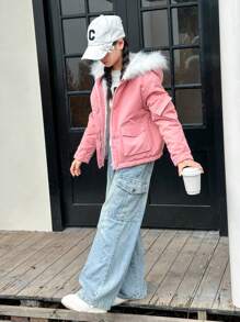 SHEIN Tween Girl Warm Hooded, Multi-Pocket, Zipper Padded Coat - Pink - View 1