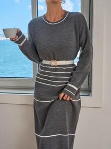 EURMUSE White Striped Details Oversize Maxi Pullover Dress Fall Winter - Light Grey - View 2