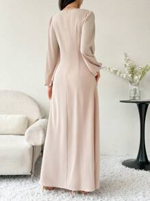 Modelyn Women's Solid Color Crewneck Applique Elegant Long Sleeve Arabian Dress Long Evening Dresses