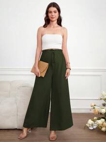SHEIN Maternity Solid Color Casual Drawstring Wide Leg Pants - Army Green - View 4