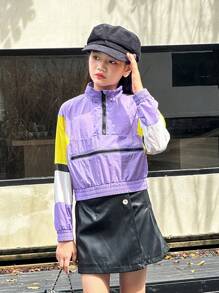 SHEIN Tween Girl Letter In Collage Tay áo PU & Áo khoác bóng chày có viền sườn - Nhiều màu - Xem 1