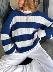 EURMUSE Women Stripe Pattern Round Neck Drop Shoulder Pullover - Multicolor - View 3