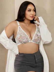 SHEIN 大码女士花卉网眼前扣文胸和无钢圈文胸、内衣 - 薄荷綠 - 查看 5