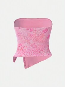 SHEIN Girlism Teen Girls  Floral Pattern Knit Mesh Hem Slit Ruched Casual Camisole - Watermelon Pink - View 2