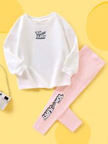 TOM & JERRY X SHEIN Young Girl Cartoon Print Drop Shoulder Loose Sweatshirt And Pink Leggings 2pcs Set - White - View 5
