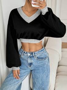 Flirla Women's V-Neck Contrast Color Casual Long Sleeve Sweatshirt Pullover Fall Sweatshirt - Black - View 6