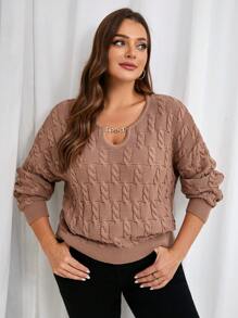 SHEIN Frenchy Suéter de manga larga con cuello de ojo de cerradura de tela texturizada para talla grande - Caqui - Ver 5