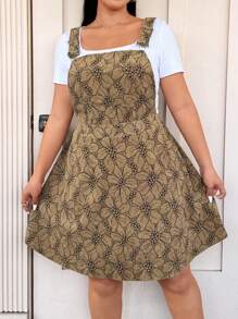 Flirla Robe salopette à imprimé floral grande taille, décontractée pour le printemps et l'été