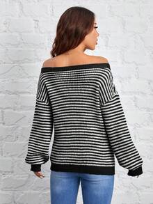 SHEIN PETITE Áo len trễ vai họa tiết sọc ấm áp cho chuyến đi chơi mùa thu đông - màu đen - Xem 2