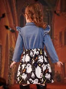 Vestido casual colegial estilo azul jeans patchwork desenho animado e estampa gráfica de Halloween, outono/inverno