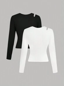 SHEIN Girlism 2pcs Teen Girls' Knitted Ribbed Hollow-Out Round Neck Casual Long Sleeve T-Shirts Set - Black and White - View 2