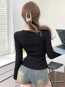 DAZY 1pc Women's Solid Color Fall Simple Daily Wear Long Sleeve T-Shirt,Thermal Lined