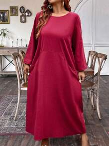 SHEIN Unity Robe décontractée à manches longues et col rond de couleur unie, grande taille pour femmes - Rouge foncé - Voir 4
