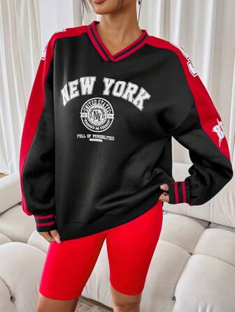 SHEIN SXY sweat-shirt à capuche en molleton ample et décontracté avec imprimé graphique de style américain, chaud pour l'automne et l'hiver