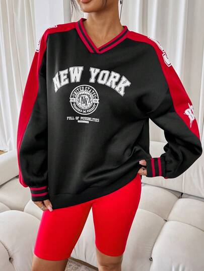 SHEIN SXY Casual Oversized Fleeced Pullover Hoodie With American Style Graphic Print, Warm For Autumn & Winter