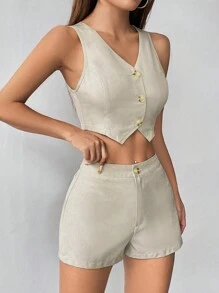 SHEIN PETITE Ladies' Single-Breasted Suit Vest And Shorts Set - Apricot - View 8