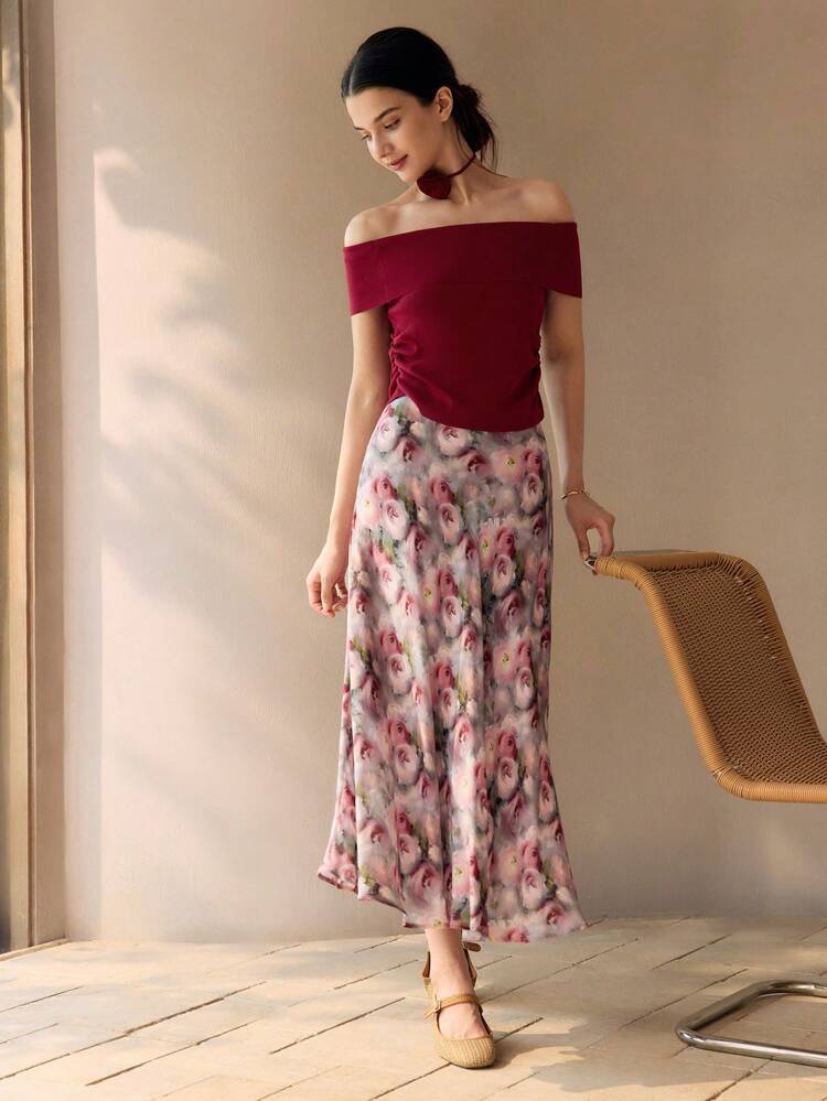 ALLOVER FLORAL PRINT FLARE SKIRT