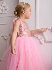 SHEIN Glamorique Kids Girls High-End Fashion Runway Dress, Pink Mesh Tulle Skirt, V-Back Feather Trim, Metallic Sequin Big Bow Princess Gown, 4-Season - Pink - View 5