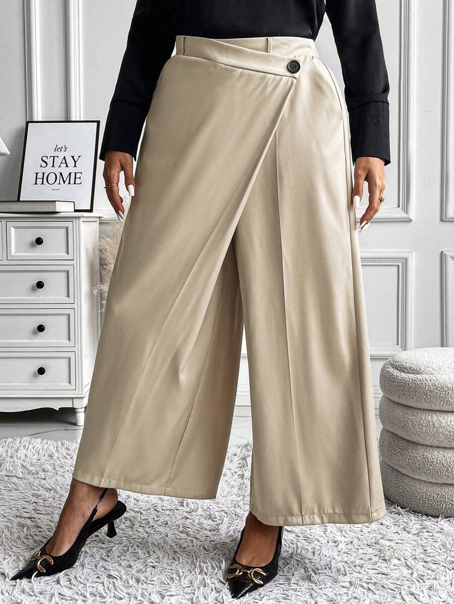 SHEIN Unity Plus Size Women's Solid Color Front Panel Covered Wide Leg Loose Office Pants Fall Cloth For Women - Khaki - View 1