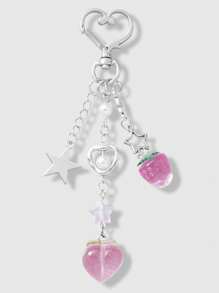 ROMWE Kawaii 1 Dây chuyền bạc Ngôi sao nhỏ hình trái tim giả Ngọc trai trong suốt Mặt dây chuyền lá dâu đào, Móc khóa dễ thương cho phụ nữ, Trang trí thời trang cho túi xách, Lý tưởng để đeo hàng ngày và quà tặng - Bạc - Xem 1