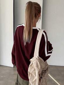 DAZY 女士宽松圆领撞色条纹长袖T恤，秋季服装 - 玫瑰紅 - 查看 2