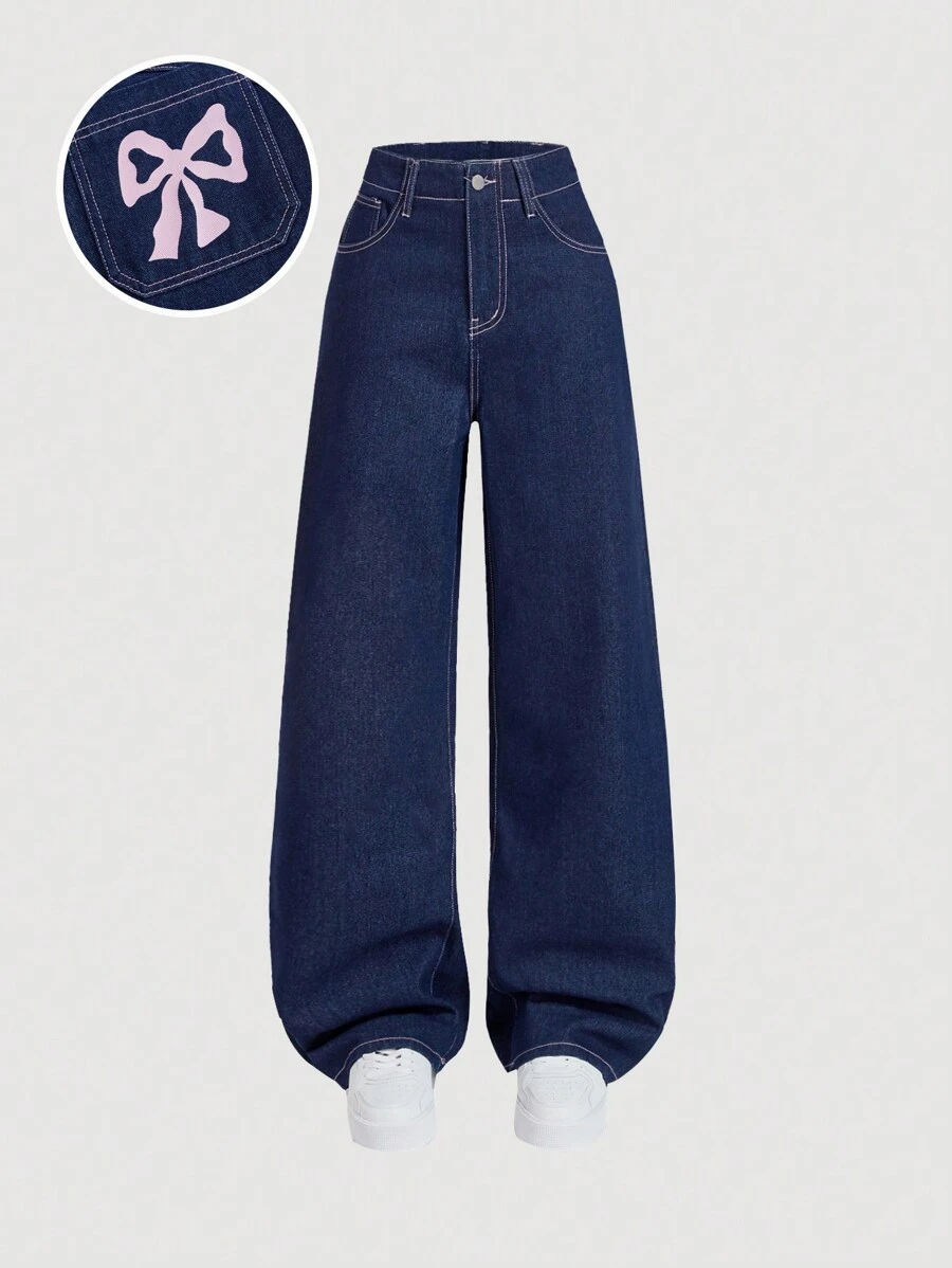 SHEIN MOD Jeans anchos y sueltos de mujer con estampado de lazos lindos, pantalones holgados azules, jeans navideños, jeans con lazos de otoño para mujer, jeans de bienvenida, jeans holgados para mujer, pantalones azul marino - Azul lavado oscuro - Ver 1