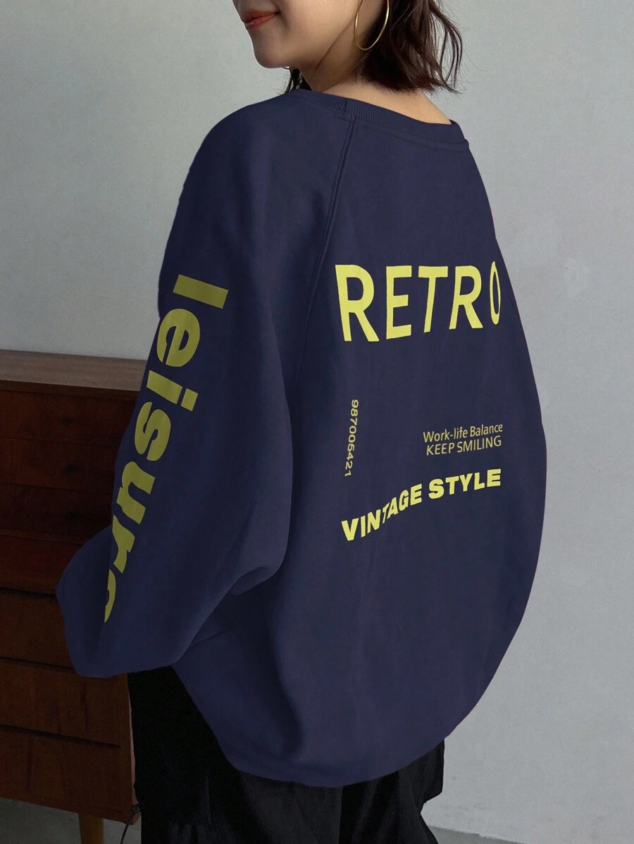 FRIFUL 女士字母印花插肩袖长袖宽松休闲运动衫，春秋季 - 藏蓝色 - 查看 1