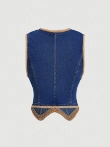 SHEIN MOD Gerüschtes Sherpa-Patchwork-Jeansoberteil im Vintage-Stil für Damen - Verschiedenfarbig - Übersicht 2