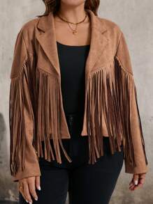 SHEIN LUNE Plus Size Faux Suede Fringe Jacket, For Winter - Brown - View 7