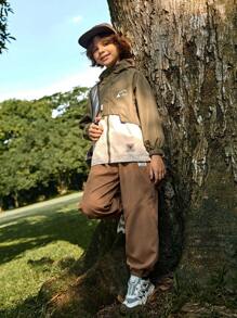 SHEIN Tween Boy 不对称拼接户外休闲长裤，秋装 - 卡其色 - 查看 2