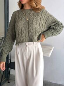 EURMUSE Cable Pattern Pullover Casual Army Green Sweater - Army Green - View 7