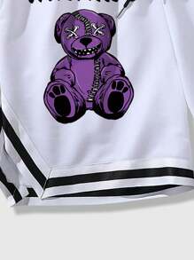 ROMWE MEN Street Life Men Bear & Letter Graphic Striped Trim Drawstring Shorts, School - White - View 5