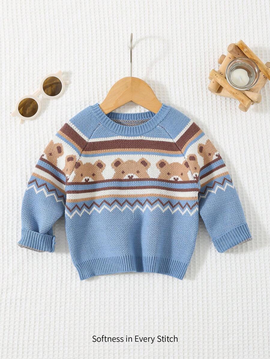 Cozy Pixies 新生男婴休闲多色熊图案柔软舒适毛衣 - 藍色 - 查看 1