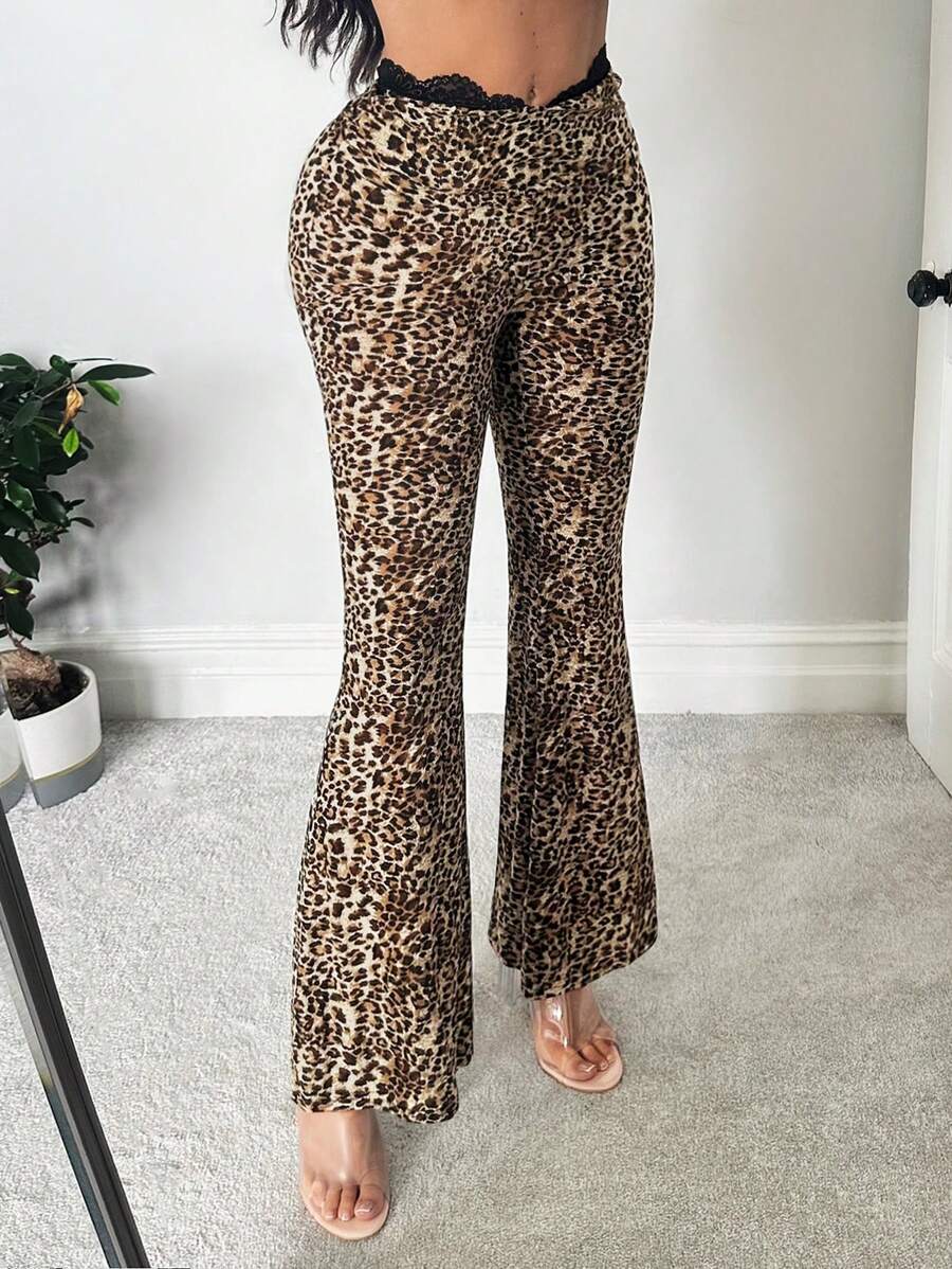 SHEIN SXY Quần ống loe họa tiết da báo phối ren gợi cảm - Nhiều màu - Xem 1