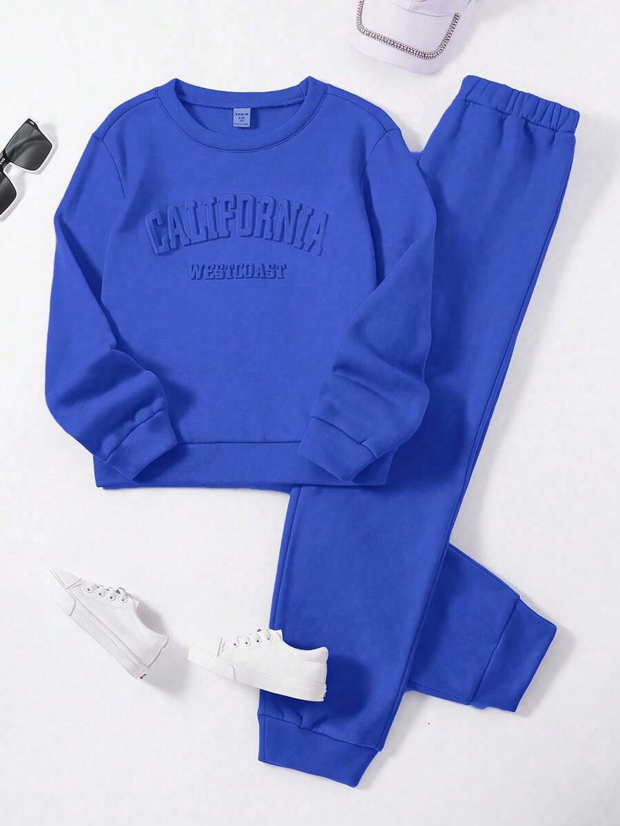 SHEIN 2 件套年轻女孩休闲学院风字母压花羊毛运动衫和运动裤套装，秋冬 - 藍色 - 查看 1