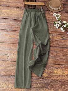 EMERY ROSE 休閒實色束腰寬腿褲 - 軍綠色 - 查看 2
