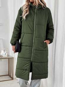 Chiquease Olive Green Quilted Padded Coat With Elastic Cuffs & Zipper Pockets, Women's Winter Jacket Thermal Fall Cloth For Women
