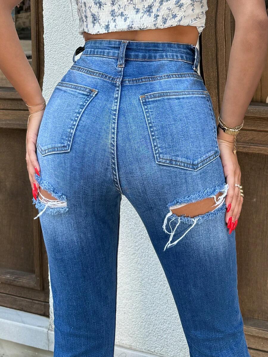 EURMUSE DESTROY ON THE BACK FLARE  SLIT DETAIL JEAN - Medium Wash - View 1