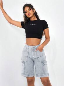 SHEIN PETITE Women Solid Color Summer Casual Cargo Style Denim Shorts,Jorts - Light Grey - View 3